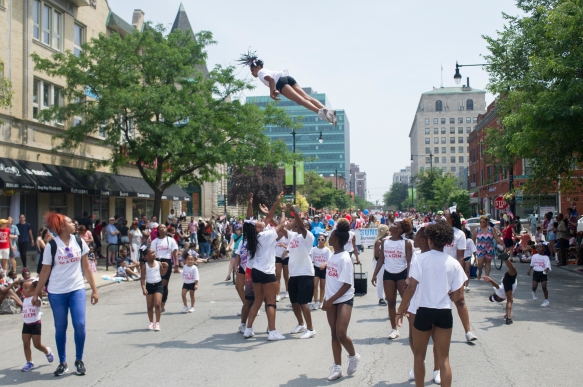 Cheerleaders from Technique Gems perform during the 26th annual 4th on 53rd Parade, Tuesday, July 4, 2017.